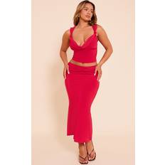 PrettyLittleThing Slinky Drape Detail Midi Skirt - Red