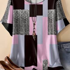 Temu Plus Size Casual T-shirt With Geometric Print - Comfortable