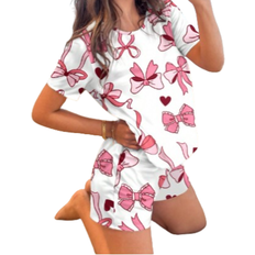 Shein Tween Girl Casual Bow Design Minimalist Round Neck Short Sleeve Shorts Pajama Set - Summer