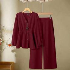 Shein Plus Size Solid Color Long Sleeve Single-Breasted Shirt Pants Set - Casual
