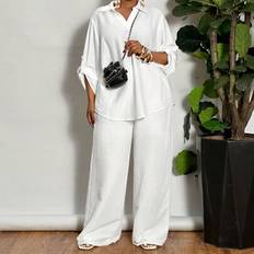 White - Women Suits Shein Plus Size Woman V-Neck Outfit Set - White