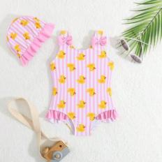 Polyester Bathing Suits Shein Baby Girl Vacation Beach Striped Yellow Swimsuit