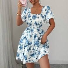 Shein Elegant Floral Print Ruffle Trim Fitted Mini Dress