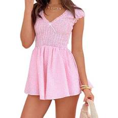 Checkered - Women Jumpsuits & Overalls Shein Women Plaid Front Bowknot Short Sleeve V Neck Rompers