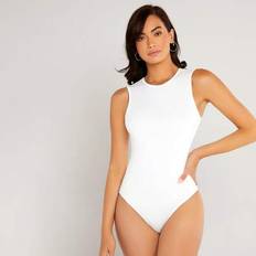 Shein Solid Round Neck Fitted Tank Bodysuit - White