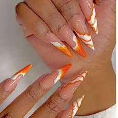 False Nails on sale Shein New Long Pointed Orange Wave Nail Tips Set - Multicolor