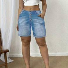 Shein Damen Denim Shorts Mit Ausgefranstem Saum Elastischer Taille - Groß