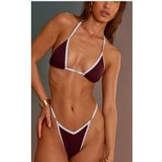 Purple Bikinis PrettyLittleThing Contrast Binding Triangle Bikini Top - Dark Plum