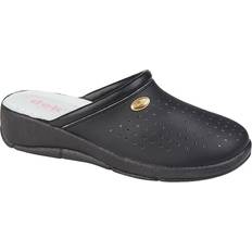 Leather Clogs Dek L706 Ladies Anatomical Pepper-pot Wedge Heel Mule Clog - Black