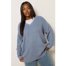 Blue - Women Jumpers Yours Drop Shoulder V-Neck Jumper - Blue