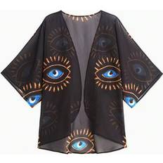 Shein Plus Size Eye Print Kimono Cover Up Spring - Black
