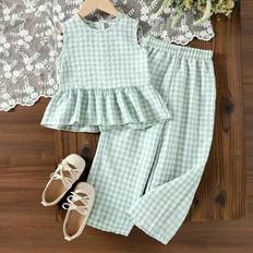 Checkered Other Sets Children's Clothing Shein Summer Elegant Lady T-Shirt Set Green Plaid Sleeveless Top Long Pants - Green