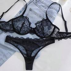 Unterwäschesets Shein Damen Unifarben Spitze Drahtlos Bequeme Lingerie BH Höschen Set - Frauen