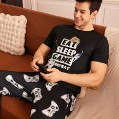 Men - Stretch Sleepwear Shein Pajama Set Printed Short Sleeve Top Long Pants