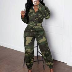 Camouflage Jumpsuits & Overalls Shein Women Camouflage Print Long Sleeve Jumpsuit With Elastic Cuffs