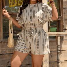 Shein Plus Size Vacation Casual Striped Batwing Shirt Set - Women