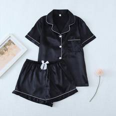 Satin Pyjamas Shein Satin Pajama Set Women Short Sleeve Notched Collar Top Bowknot Shorts