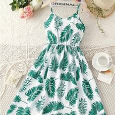 Shein Tween Girl Summer Leaf Print Sleeveless Dress - Knee Length