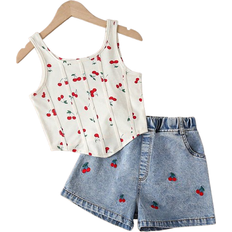 Viscose Other Sets Shein Vintaside Kids Tween Girls 2pcs/Set Camisole Top And Shorts Fashion Outfit, Suitable For Summer,Holiday,Summer,Travel