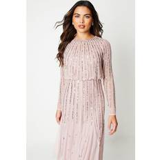 Pink Dresses Coast Long Sleeve Midi Dress Embellished Pleated Skirt - Pink