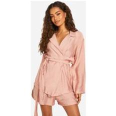 Breathable - Women Shirts boohoo Linen Look Tie Waist Longline Shirt - Pink
