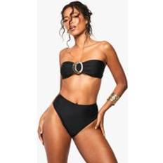 Solid Colours - Women Bikini Sets boohoo Gold Trim Detail Bandeau Bikini Top High Waist Set - Black