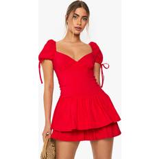 boohoo Mini Jurk Met Franjes En Pofmouwen - Red