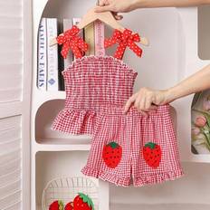 Checkered Other Sets Children's Clothing Shein Young Girl Plaid Strap Top Set With Ruffle Embroidered Strawberry Shorts - Cute