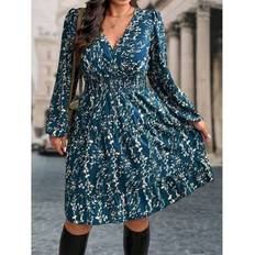 Shein Plus Size Full Floral Print Long Sleeve Ruffle Hem Dress - Autumn