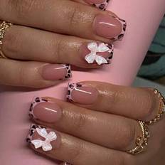 Multicolour False Nails Shein Square Short French Leopard Print Bowknot Set - White
