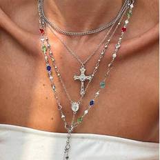 Multicolor Zirconia Chain Y-Shaped Cross Necklace Set - Travel