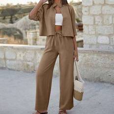 Shein Women Cotton Crop Shirt High Waist Pants Set