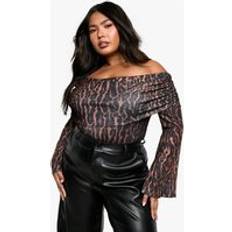 Leopard - Women Shapewear & Under Garments boohoo Plus Ruched Bardot Leopard Bodysuit - Brown