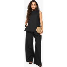 Breathable - Women Suits boohoo Poplin Sleeveless Blouse Wide Leg Trouser - Black