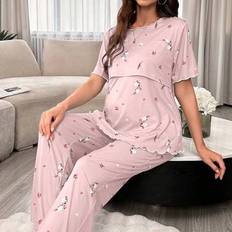 Short Sleeves Maternity & Nursing Wear Shein Maternity Floral Nursing Short Sleeve Pajama Set