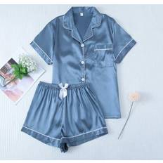 Shein Satin Blue Pajama Set Include Short Sleeve Lapel Top Bowknot Shorts - Blue