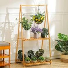 LivingAndHome 2 Tier Bamboo Hanging Plant Stand
