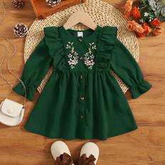 Shein Baby Girl Floral Embroidery Ruffle Trim Flare Sleeve Dress
