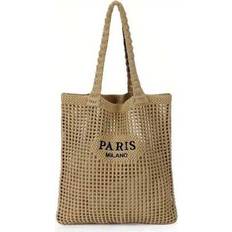 Shein Knitted Shoulder Bag, Versatile Beach Tote Bag With Embroidered Hollow Letter Design, Casual Travel