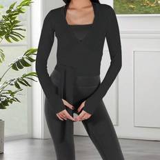 Shein Women Pilates Wrap Tops Long Sleeve V Neck Cross Tie - Slim Fit