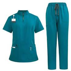 Work Clothing Sets on sale Shein Women Short Sleeve Mock Collar Zip Front Scrub - Frost-Faced Fabric