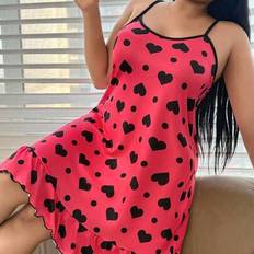 Stretch - Women Nightgowns Shein Plus Size Heart Print Lettuce Trim Camisole - Nightgown