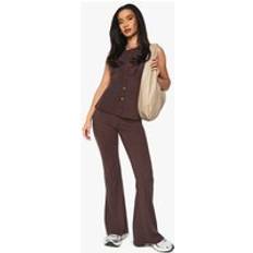 Brown - Women Suits boohoo Rib Button Through Sleeveless Top Trouser Set - Brown