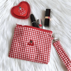 Red Toiletry Bags & Cosmetic Bags Shein Embroidered Cherry Pattern Canvas Makeup Bag - Red Plaid