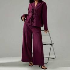 Shein Casual Elegant Tie Front Blouse High Waist Elastic Leg Pants Set