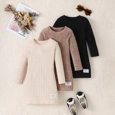 Polyester Dresses Children's Clothing Shein Young Girl Solid Color Ribbed Dress Set