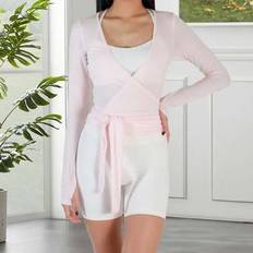 Shein Women Pilates Wrap Tops Long Sleeve V Neck Cross Tie - Slim Fit