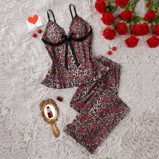 Leopard - Women Sleepwear Shein Cherry Leopard Print Sexy Cami Top Pants Pajama Set