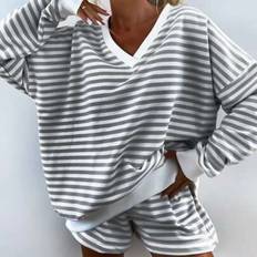 Stripes Pyjamas Shein Red Striped Long Sleeve Pajama Top Print Color Blocking Details - Red