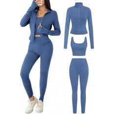Blue - Women Suits Shein Hazy Blue Knit Women's Zip Front Jacket Set